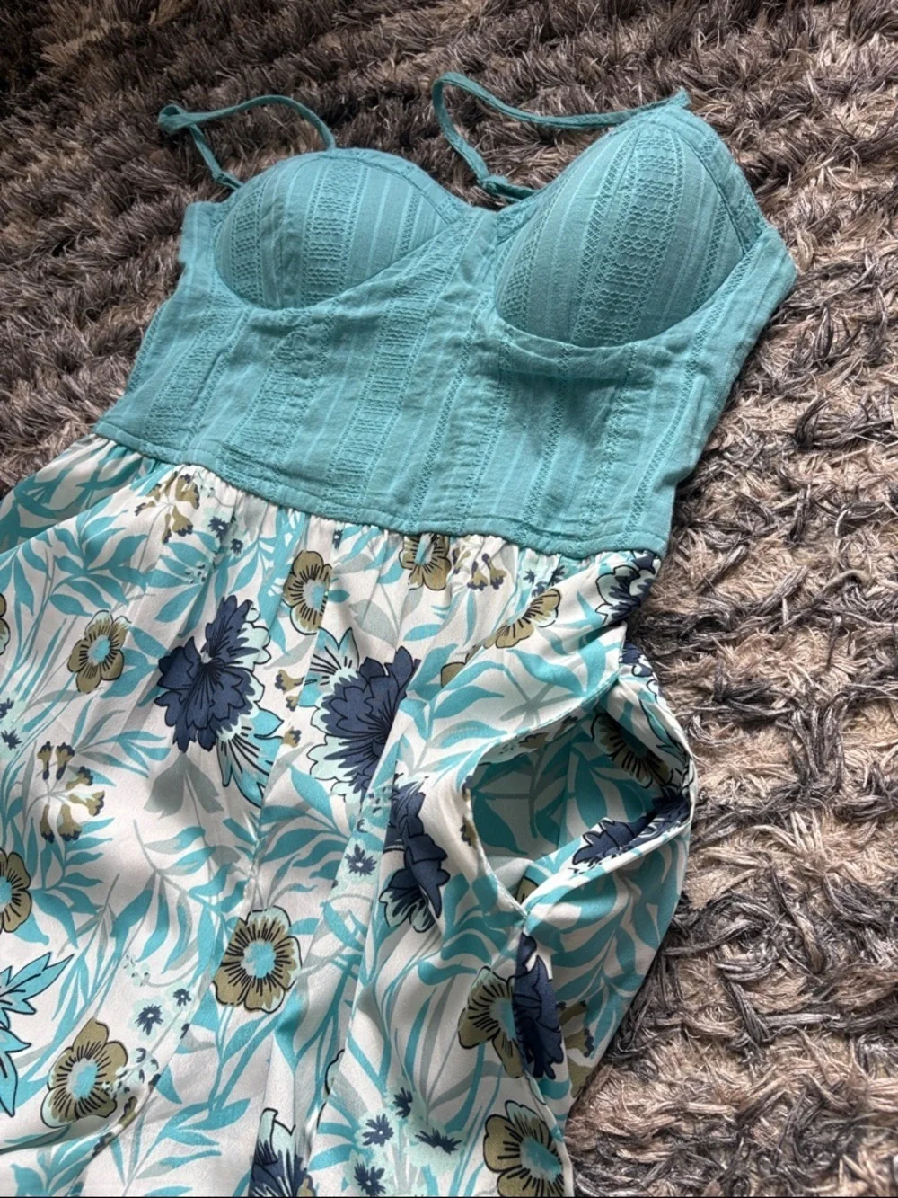 Women's Teal Bustier Floral Wide-Leg Jumpsuit Size S Cotton